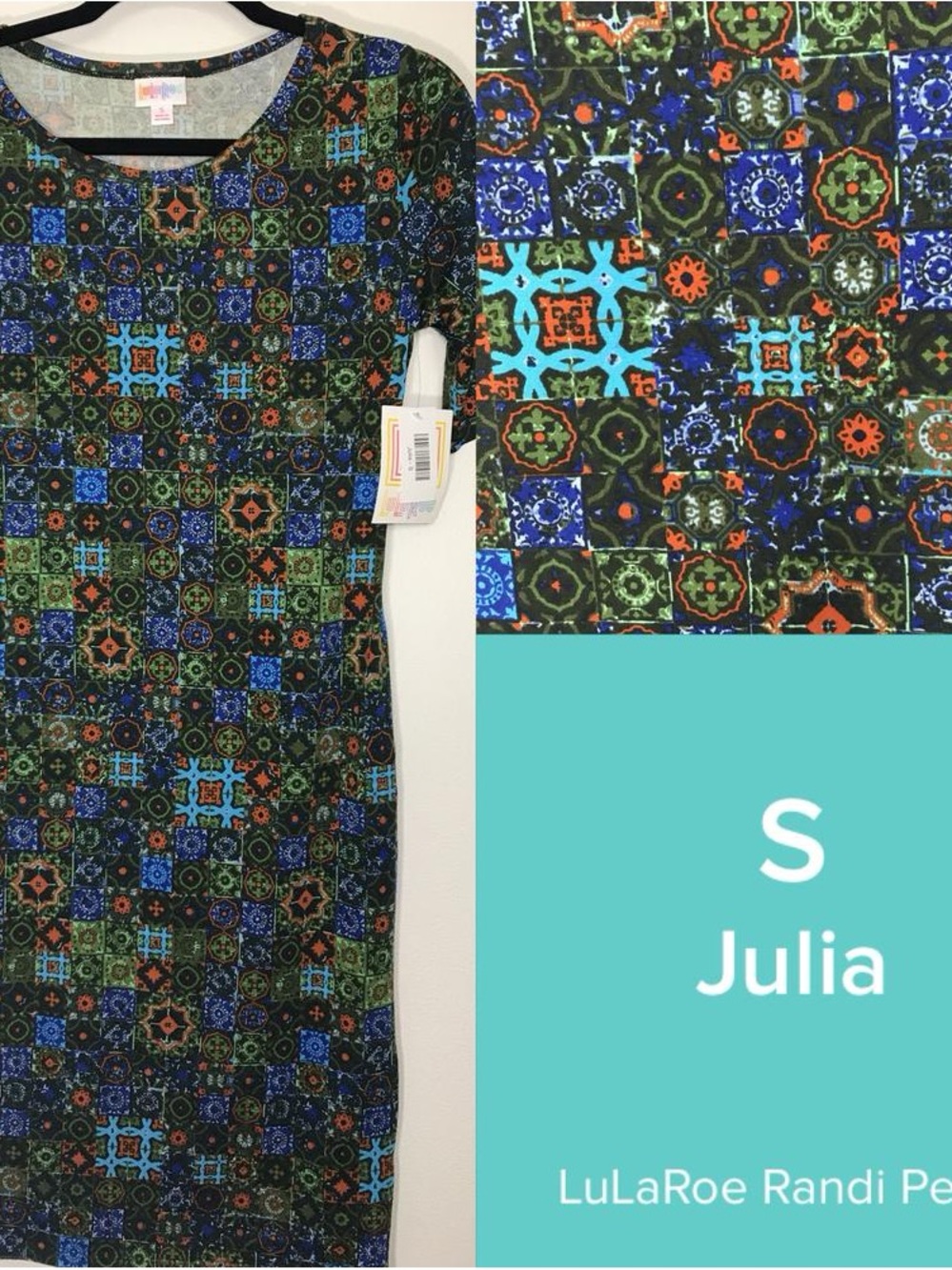 LuLaRoe Julia Dress in Black with Blue, Green & Orange Tile Print